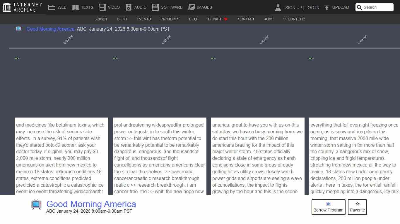 Good Morning America : KGO : January 24, 2026 8:00am-9:00am PST : Free Borrow & Streaming : Internet Archive